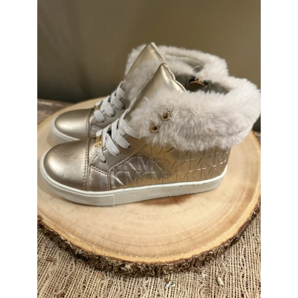 Michael Kors Poloma Fluff Sneaker Gold Boots Logo Monogram Fur Trim Girls‎ Sz-13
